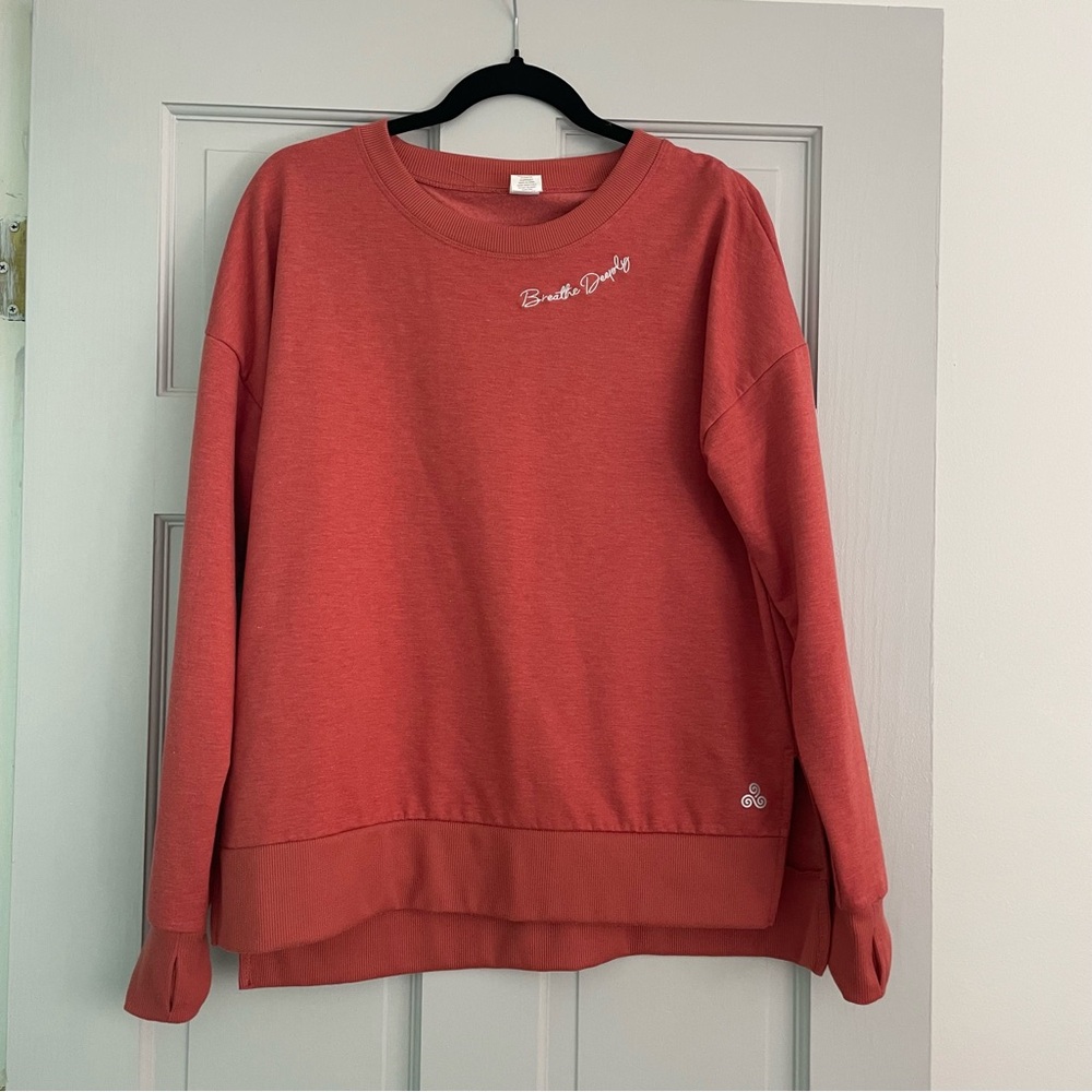 Coral Crewneck Yoga Sweatshirt with Breathe Deeply Script Detail